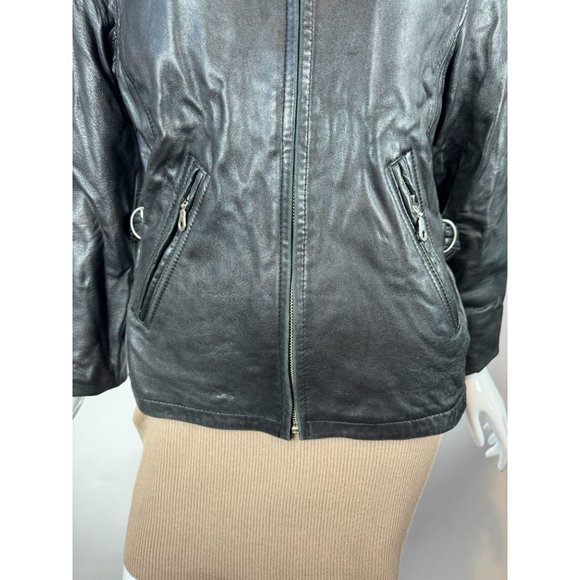 Laura Leigh Vintage Leather Biker Jacket Size Large Black Zip Front and Pockets - Picture 15 of 16